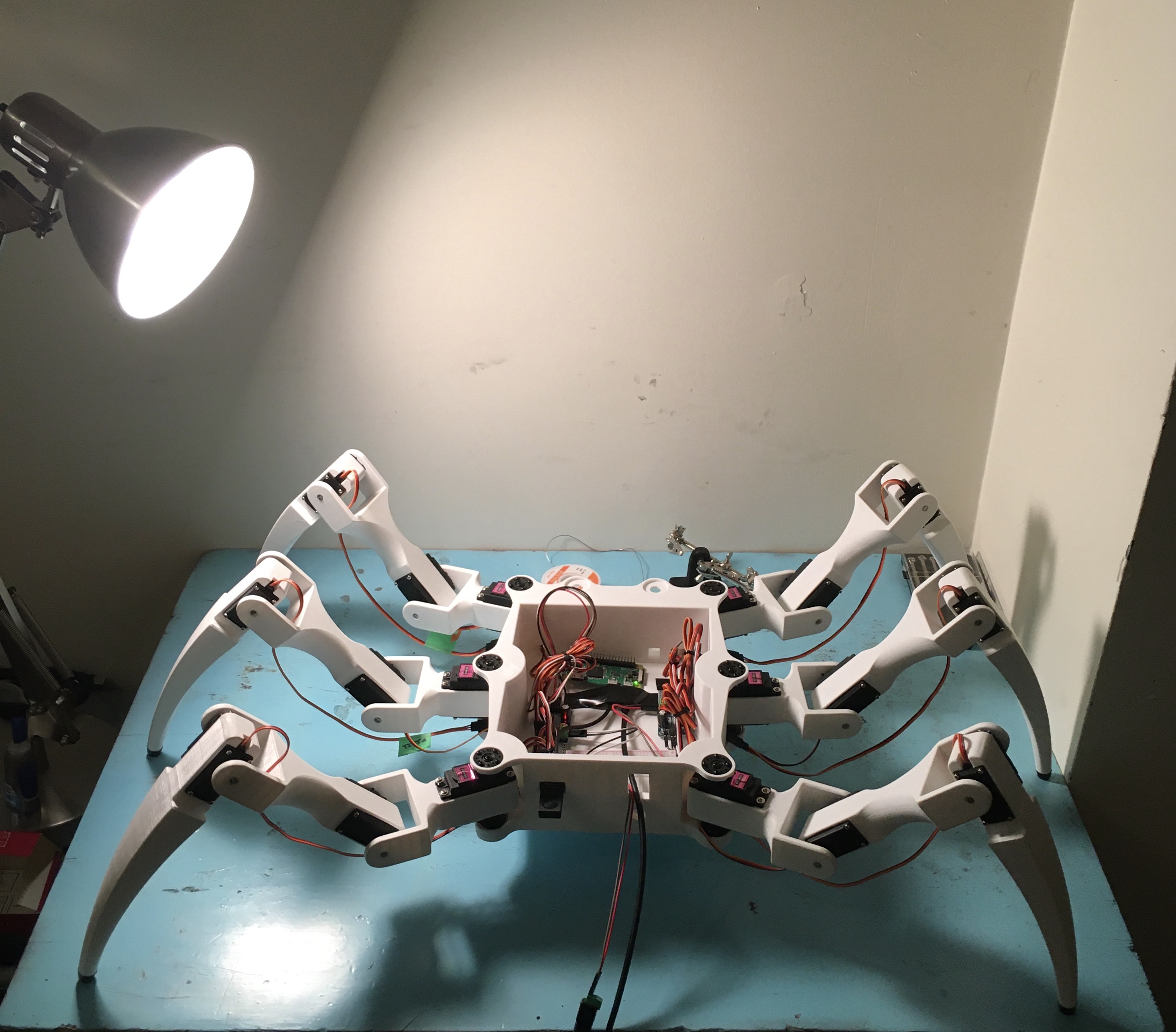 A photo of the unfinished version 1 hexapod.